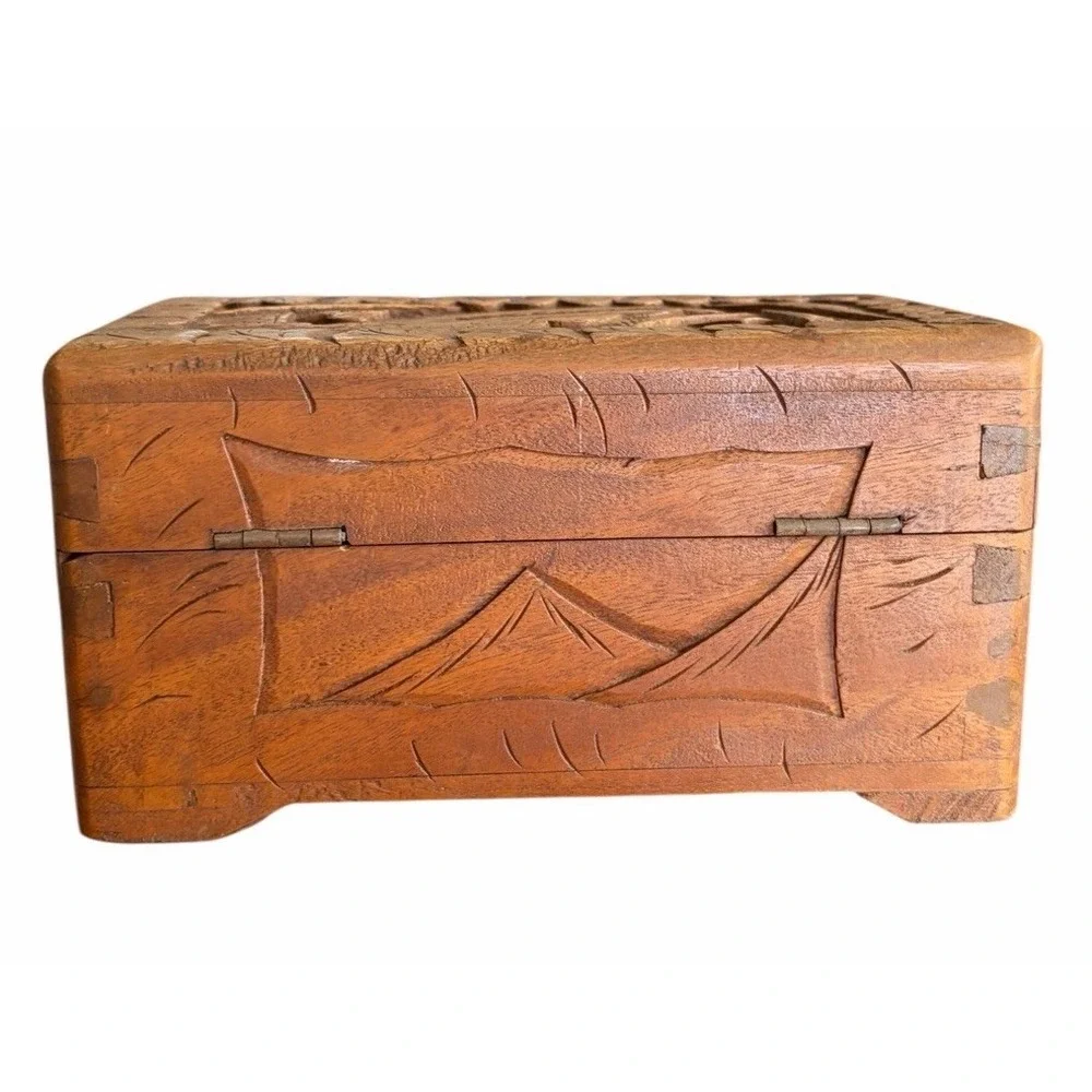 Mid Century Chinese Hand Carved Wooden Box Footed Jewelry Chest Hinged Lid Teak
